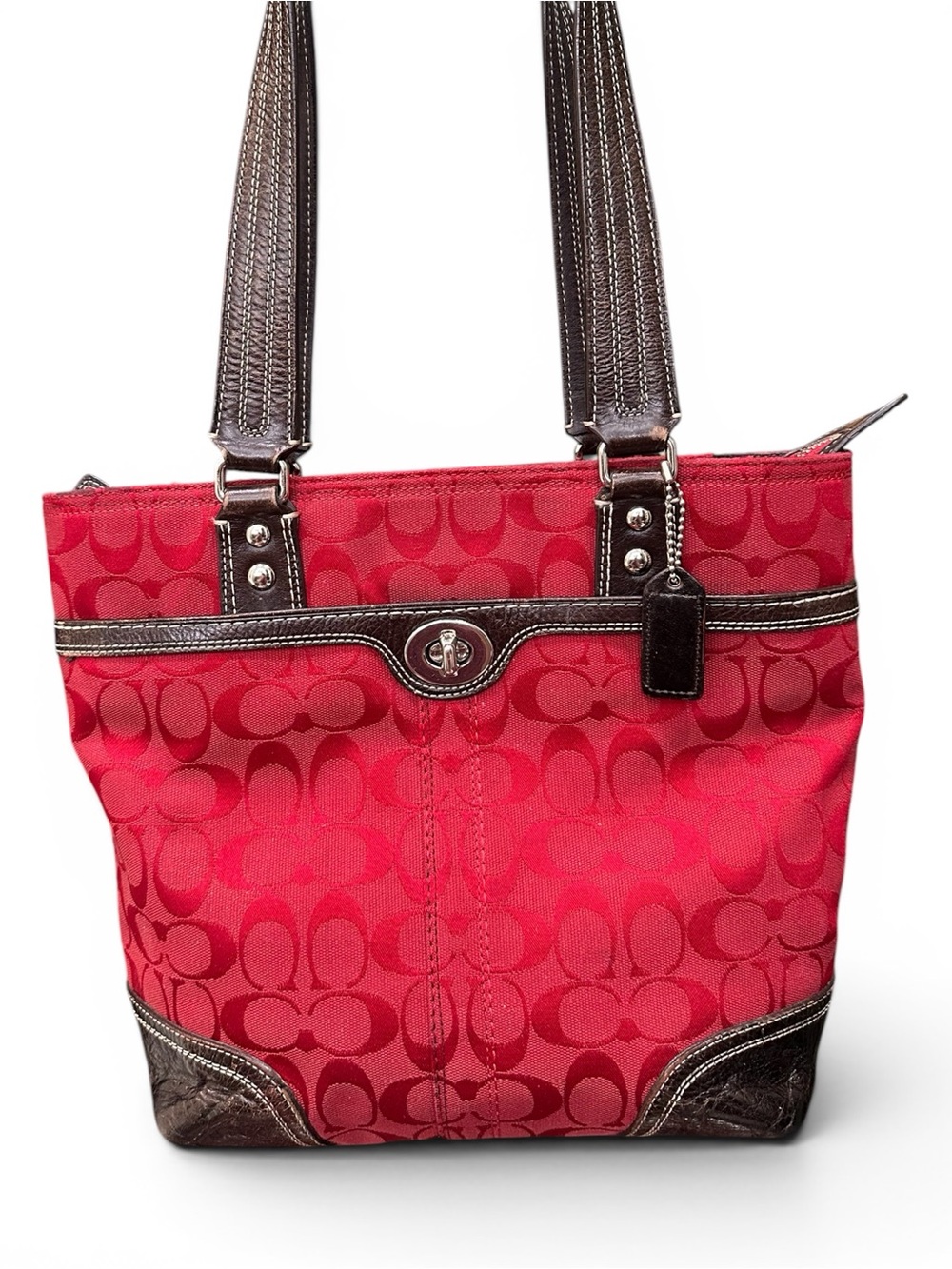 Coach Red Signature Jacquard Tote Bag Brown Leather Turnlock Shoulder Bag